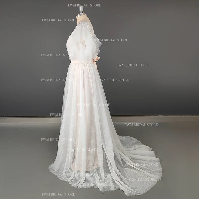 11676# Real Photos Short Sleeve Tulle Lace Sweep Train Dot Mesh Open Back Bohemian Beach Wedding Dress Wedding Gown Bridal Gown