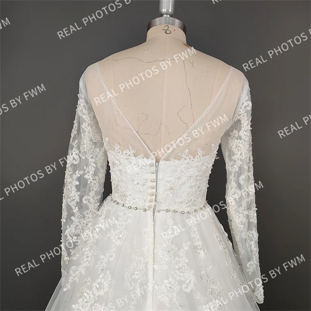 Real Photos Exuquisite Long Sleeve  Sweep Train A-line Appliques Lace Wedding Dress With Sequined Bridal Gown for Wedding Dress