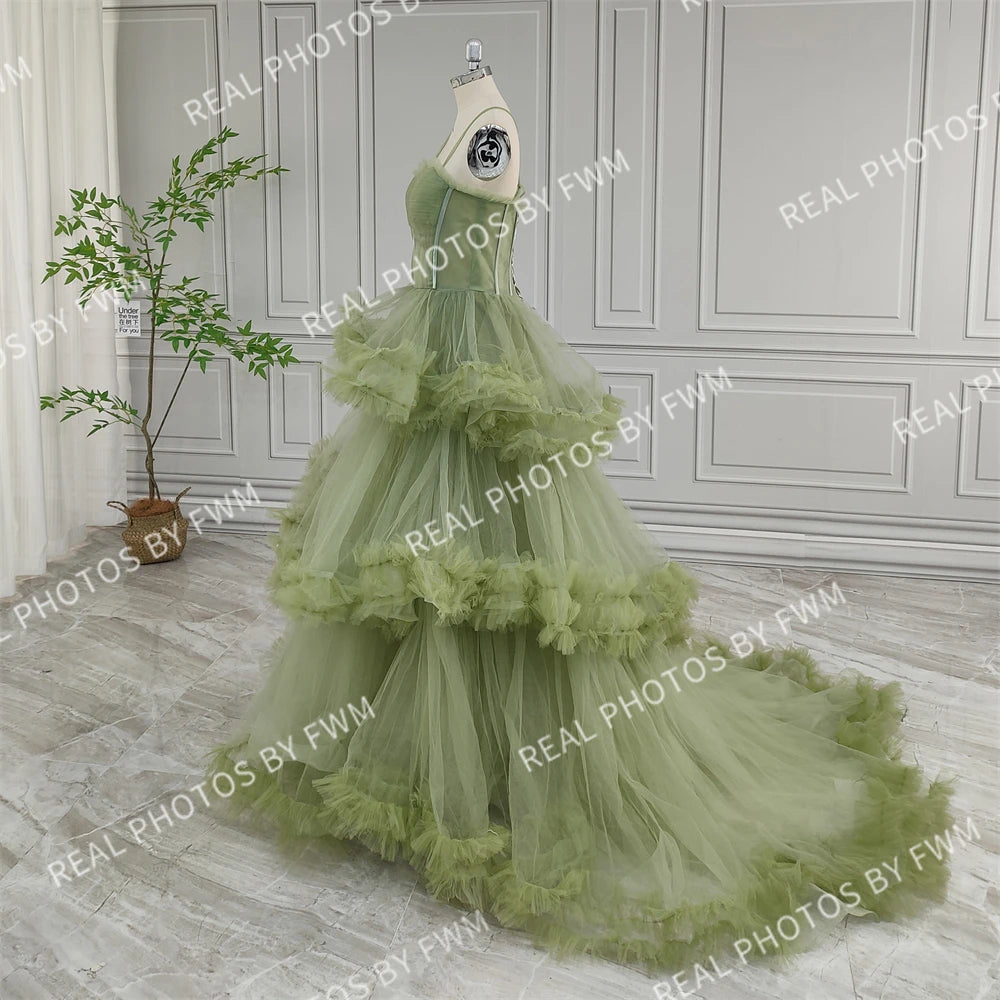Real Photos Green Spaghetti Strap Ruffles Tulle Ball Gown Birthday Party Dress Women Prom Evening Dresses for Wedding