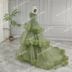 Real Photos Green Spaghetti Strap Ruffles Tulle Ball Gown Birthday Party Dress Women Prom Evening Dresses for Wedding