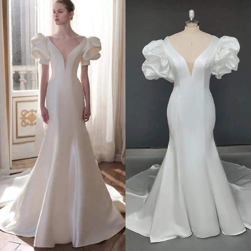 11111# Real Photos Korea Style Deep V-Neck Wedding Dresses Short Sleeve Satin Sweep Train Mermaid Bridal Dress Wedding Gown