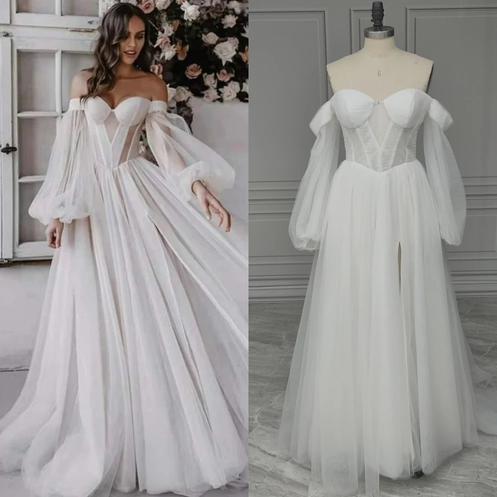 11894# Real Photos Puffy Sleeves Sweetheart Illusion Back High Side Slit A-line Tulle Women's  Wedding Dress Bridal Gown