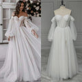 11894# Real Photos Puffy Sleeves Sweetheart Illusion Back High Side Slit A-line Tulle Women's  Wedding Dress Bridal Gown