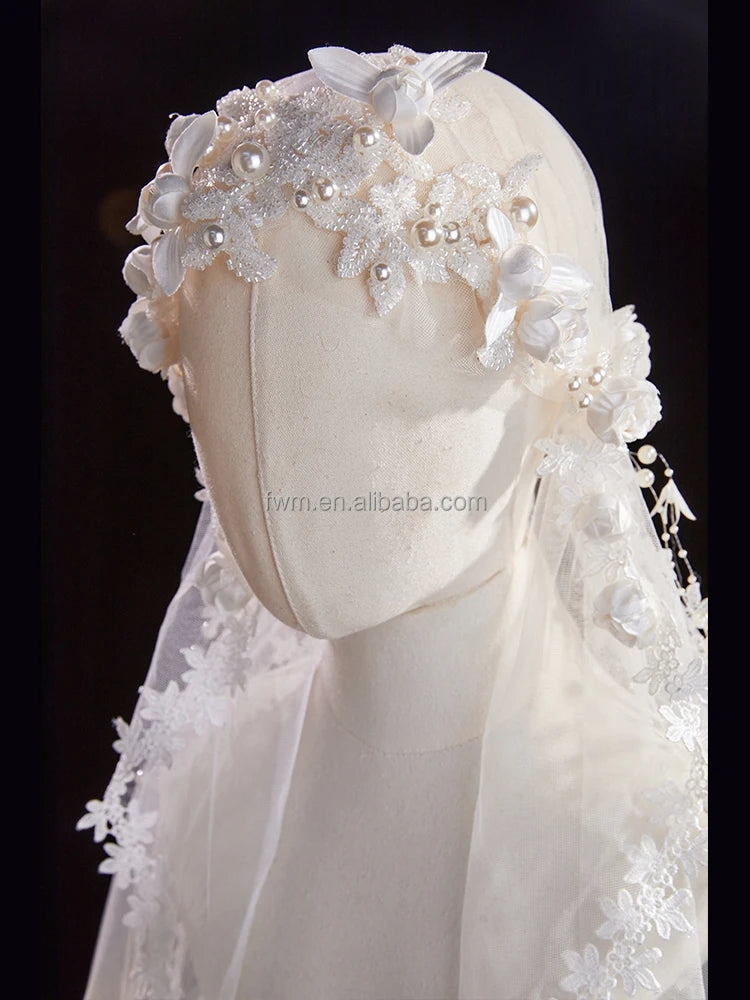 High Quality Elegant Ivory White Pearl 3D Flower Bridal Veil for Wedding Dress Long Headdress Custom Made #V114