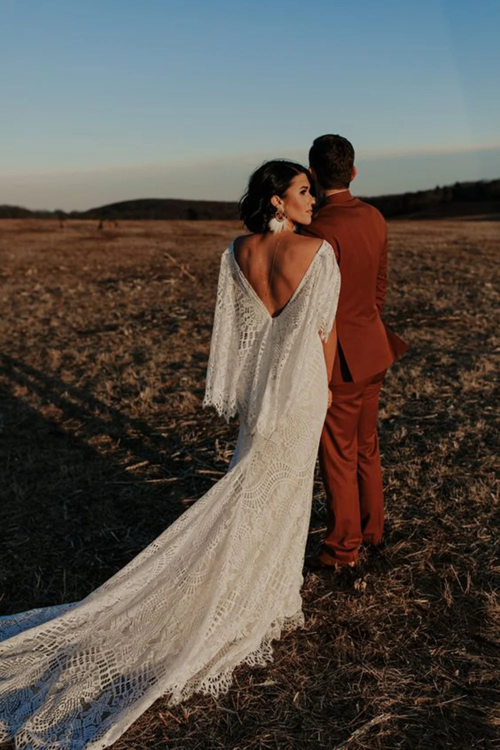 10168#  Real Photos Flare Sleeve Sexy V Neck Open Back Mermaid Bohemian Sweep Train Lace Wedding Dress Bride Gown