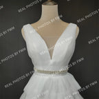 100% Real Photos Elegant V-Neck Sleeveless Tiered Tulle Ball Gown for Wedding Backless Ruffles A-line Wedding Dress for Women