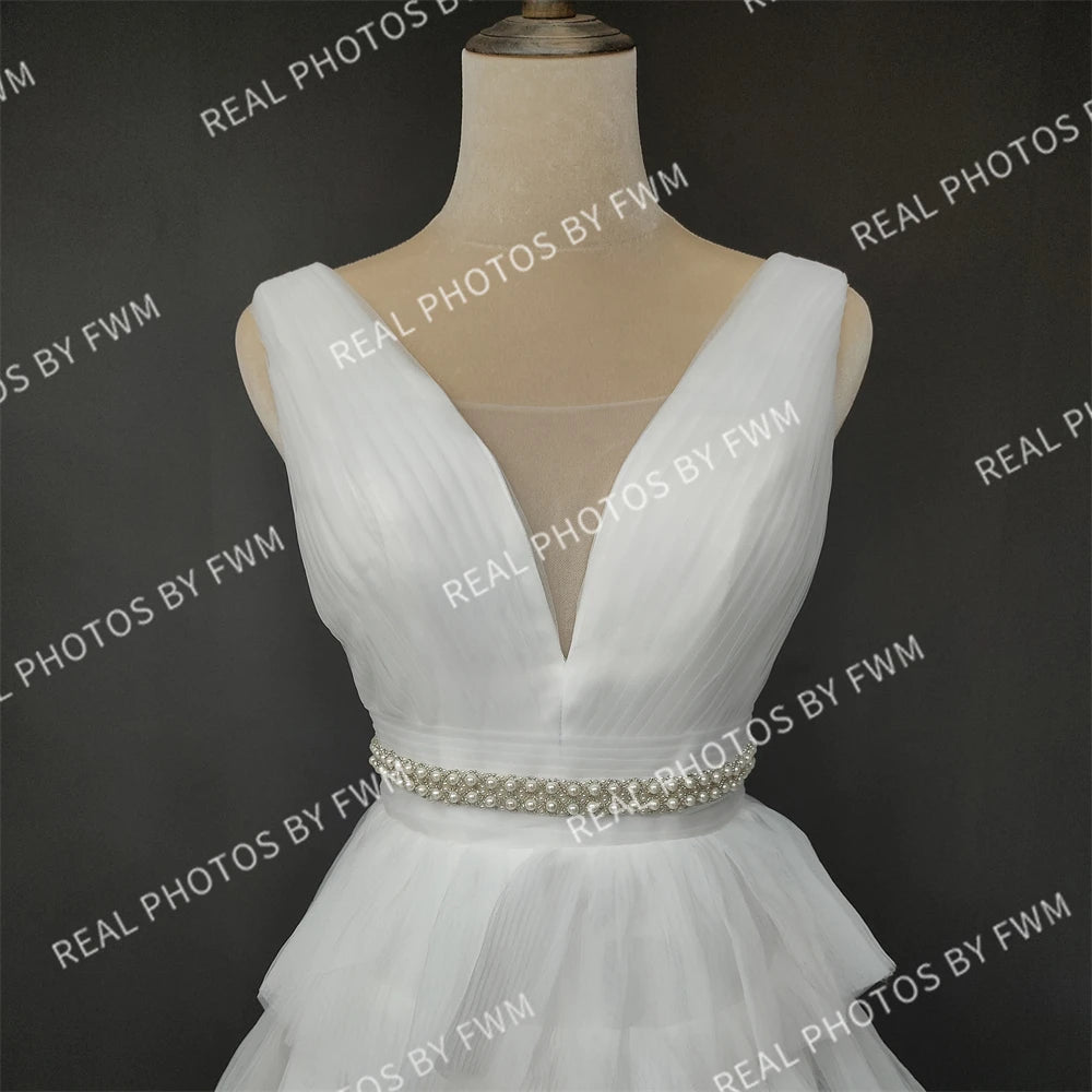 100% Real Photos Elegant V-Neck Sleeveless Tiered Tulle Ball Gown for Wedding Backless Ruffles A-line Wedding Dress for Women