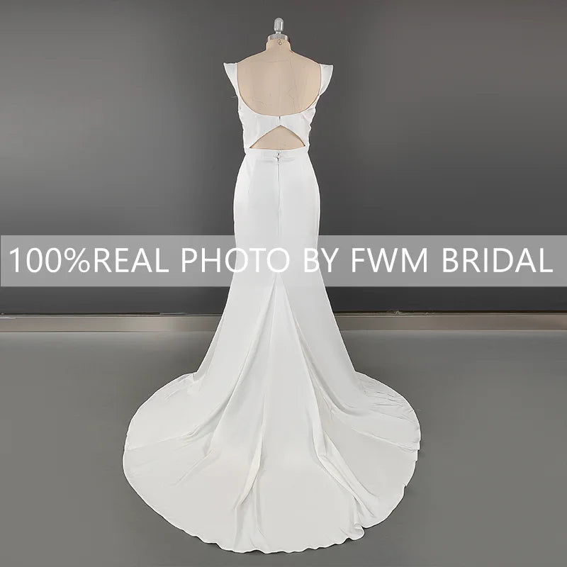 11989#Real Photos Square Collar  Bohemian Backless Beach Mermaid Wedding Dress Sweep Train Soft Satin  Wedding Dress Bridal Gown