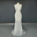 Real Photos Sexy Spaghetti Straps Deep V Neck Beading  Sequined Lace Wedding Dress Backless Mermaid Bridal Gown for Women