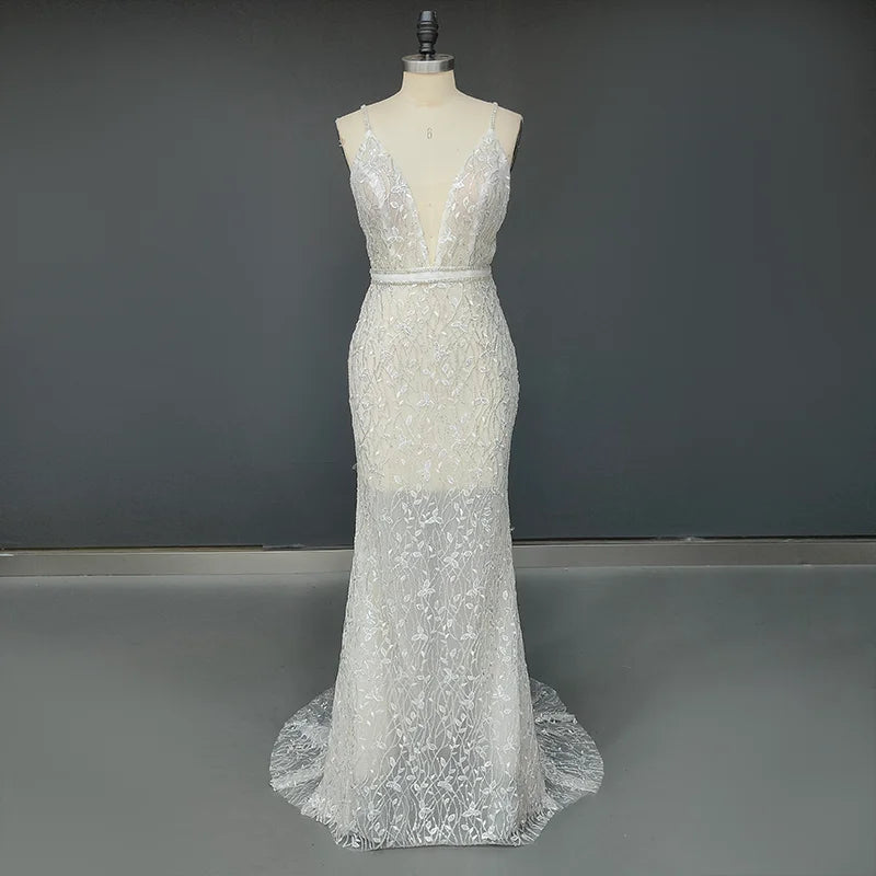 Real Photos Sexy Spaghetti Straps Deep V Neck Beading  Sequined Lace Wedding Dress Backless Mermaid Bridal Gown for Women