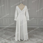 100%  Real Photos Simple Long Sleeves Boat Neck A-line Chiffon Wedding Dress Low Back Bride Gown for Women Vestido De Novia
