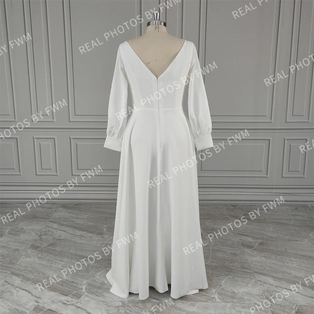 100%  Real Photos Simple Long Sleeves Boat Neck A-line Chiffon Wedding Dress Low Back Bride Gown for Women Vestido De Novia