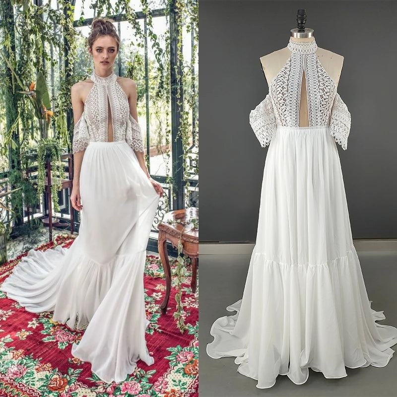 4044# Real Photos Off Shoulder Beach Sweep Train Bohemia Wedding Dress Halter Neck Appliques Backless Soft Chiffon Bridal Gown