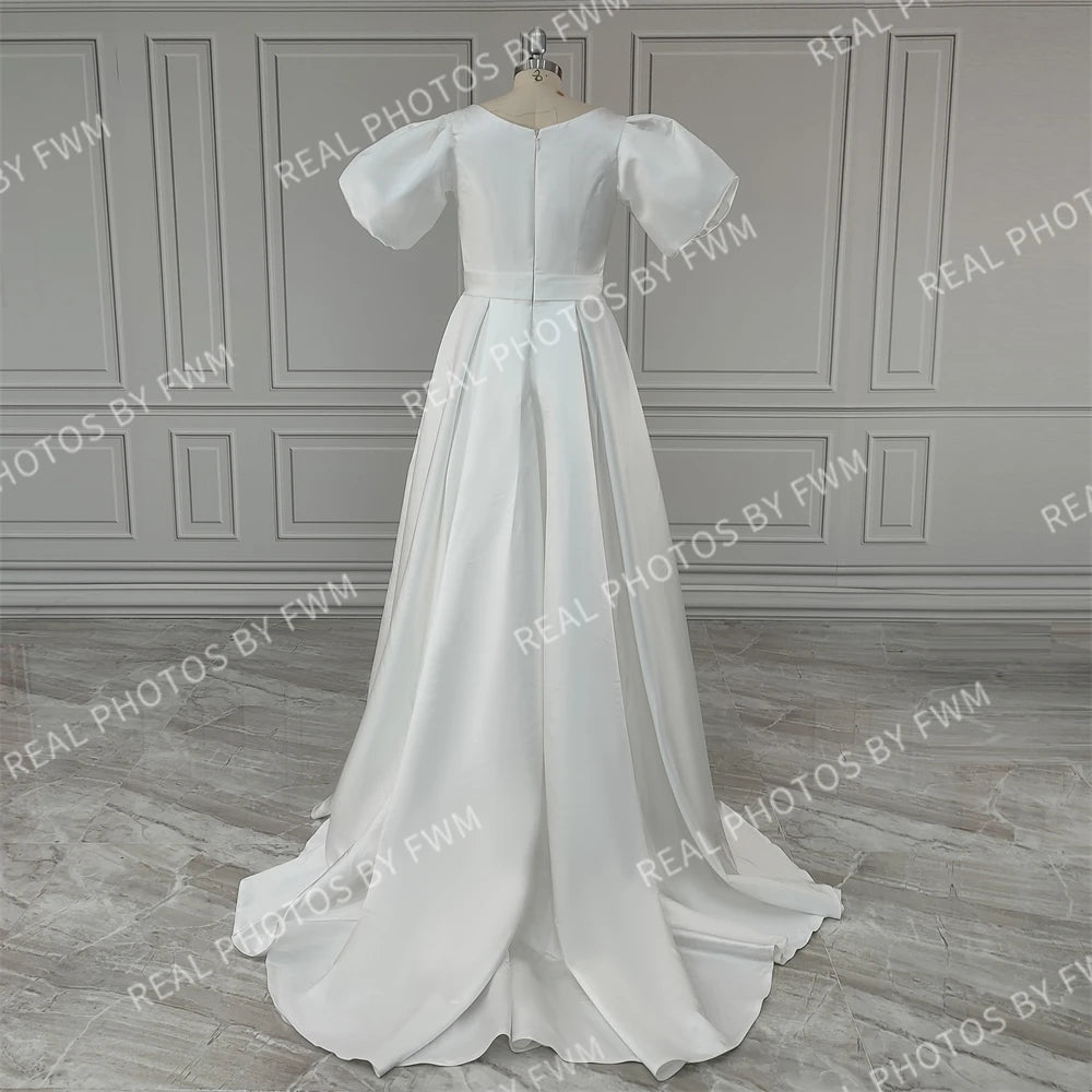 100% Real Photos Elegant Short Puffy Sleeves O-Neck Satin A-line Wedding Dress With Pockets Sweep Train Bride Gown for Women