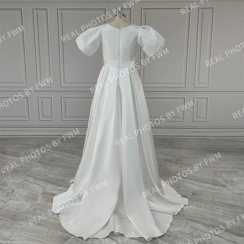 100% Real Photos Elegant Short Puffy Sleeves O-Neck Satin A-line Wedding Dress With Pockets Sweep Train Bride Gown for Women