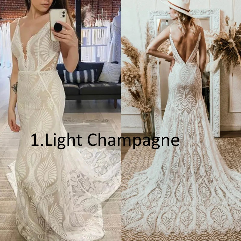 10864#Real Photos Spaghetti Straps Sleeveless V-Neck Open Back Sweep Train Lace Bohemian Boho Wedding Dress Wedding Bridal Gown