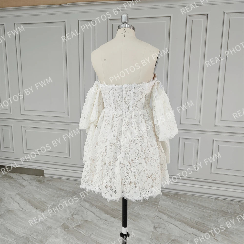 15279# Real Photos Appliques Lace Puffy Sleeves Mini Wedding Bridal Ball Gown Birthday Party Dress Women Prom Evening Dresses