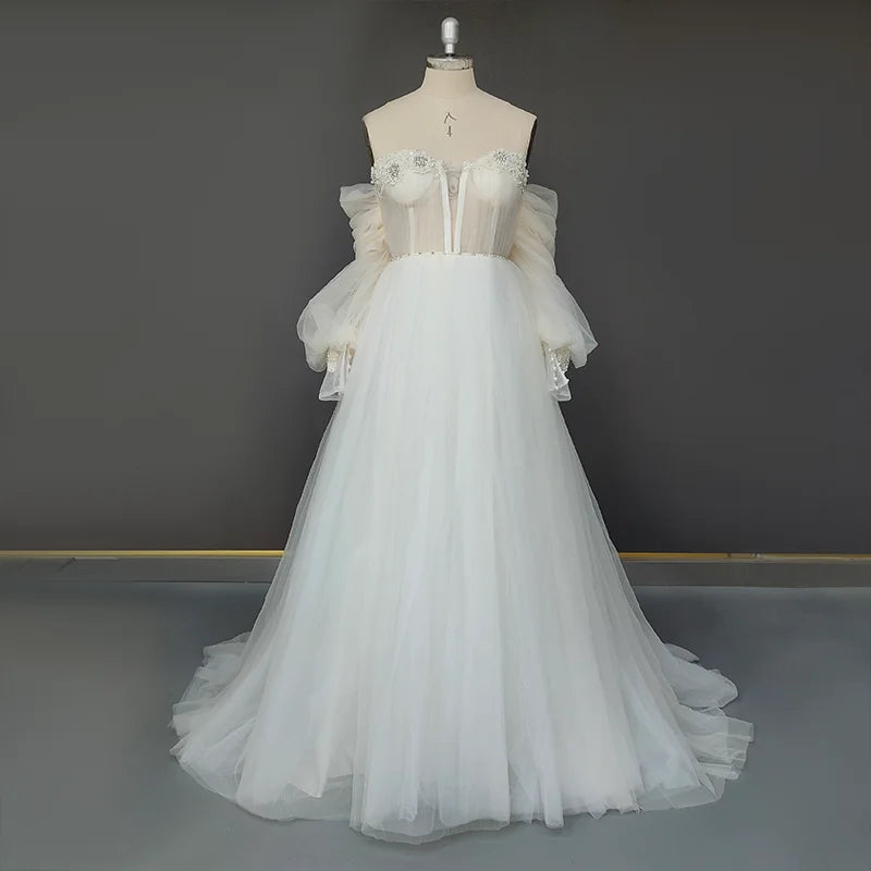 Real Photos Puffy Sleeves Sweetheart Backless A-Line Beading Lace Wedding Dress Sweep Train Tulle Bridal Gown for Wedding