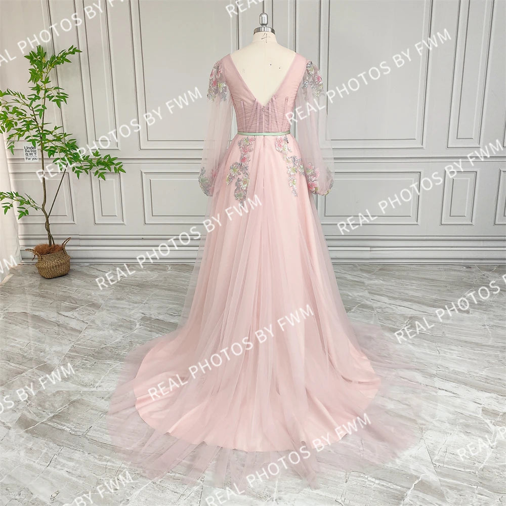 Real Photos High Quality Long Sleeves Sequined Embroidery Flowers Lace Evening Dress for Women Engagement Party Gown