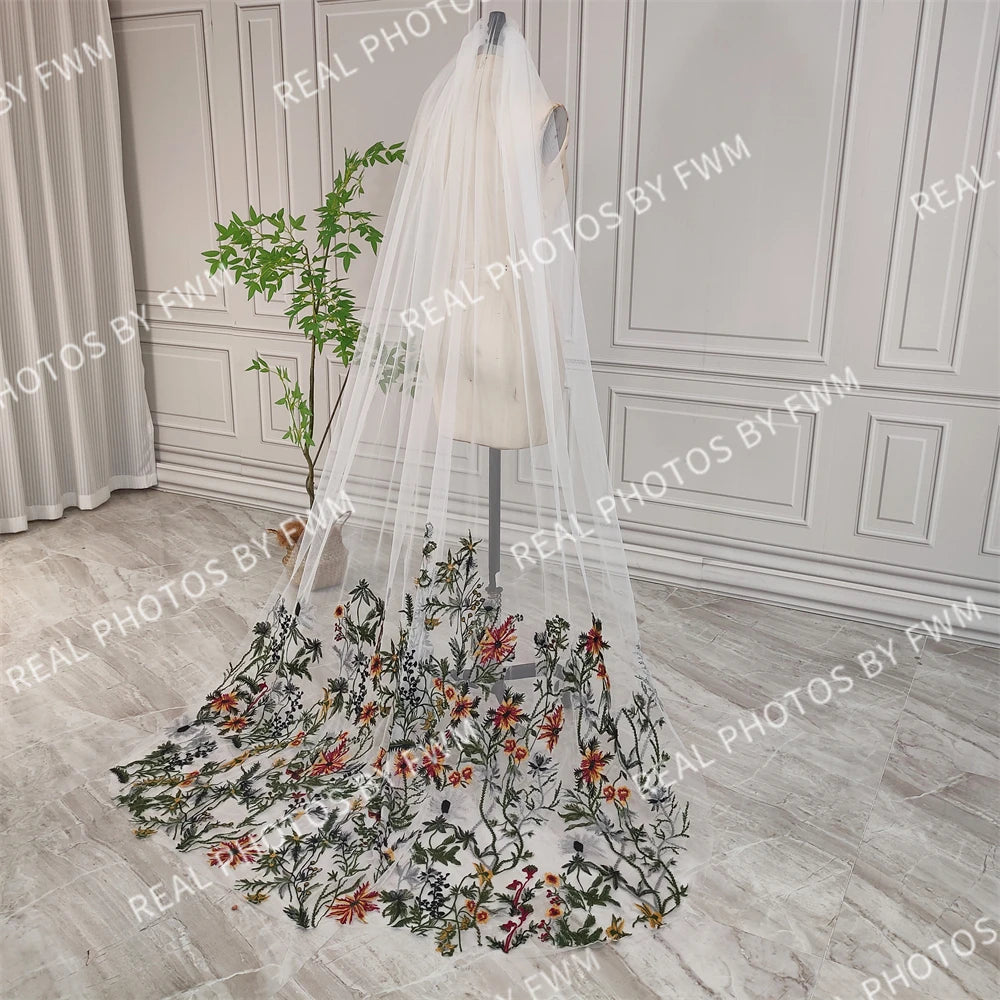 Real Photos High Quality One Layer Embroidered Flowers Lace Bridal Veil 200CM Long Wedding Veil Accessories for Wedding