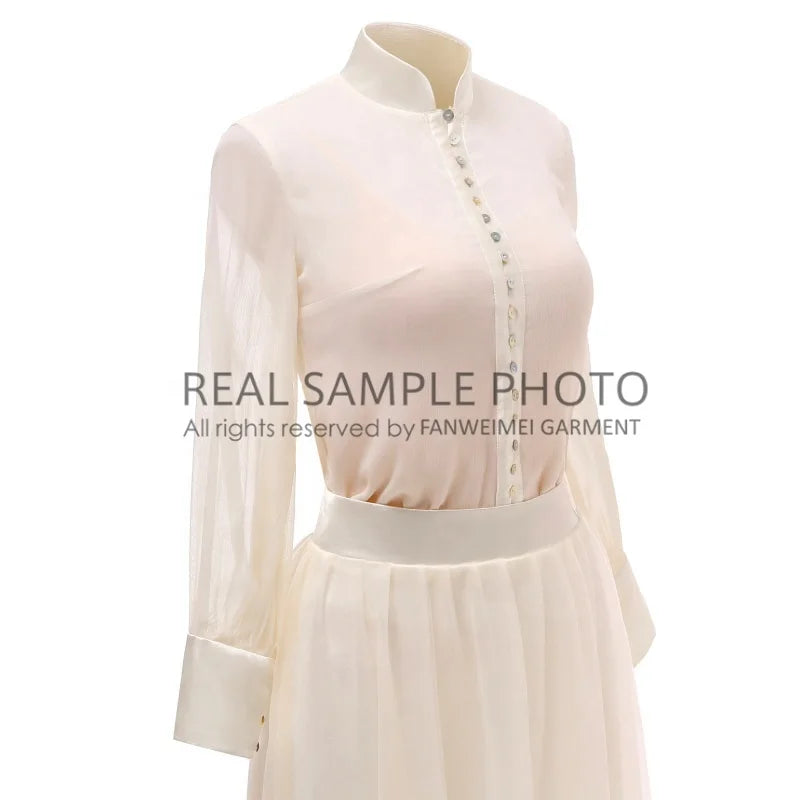 1029# Real Pictures Two Piece Long Sleeve Beige Tulle Chiffon Floor Length Shirt Collar Wedding Dress Bridal Gown WIth Button