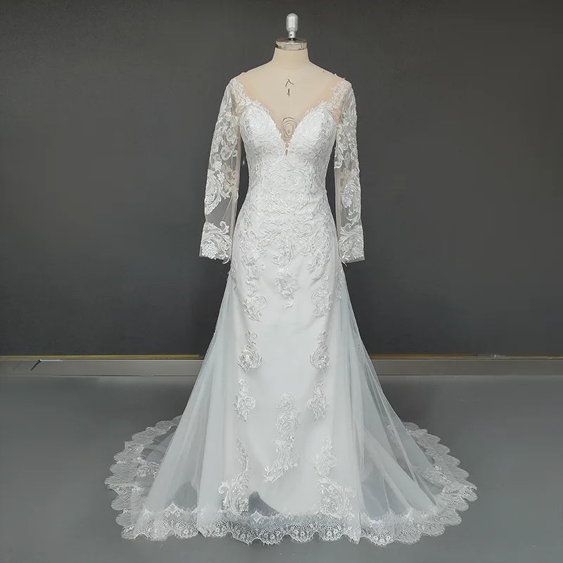Real Photos Elegant Long Illusion Sleeves Appliques Lace Dress for Wedding Sweep Train Tulle Mermaid Women Bride Gown