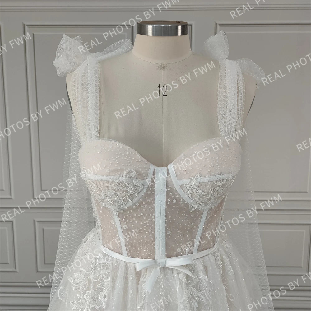 Real Photo High Quality Spaghetti Straps Backless Princess A-Line Lace Wedding Dress for Women Side Split Tulle Bridal Gown