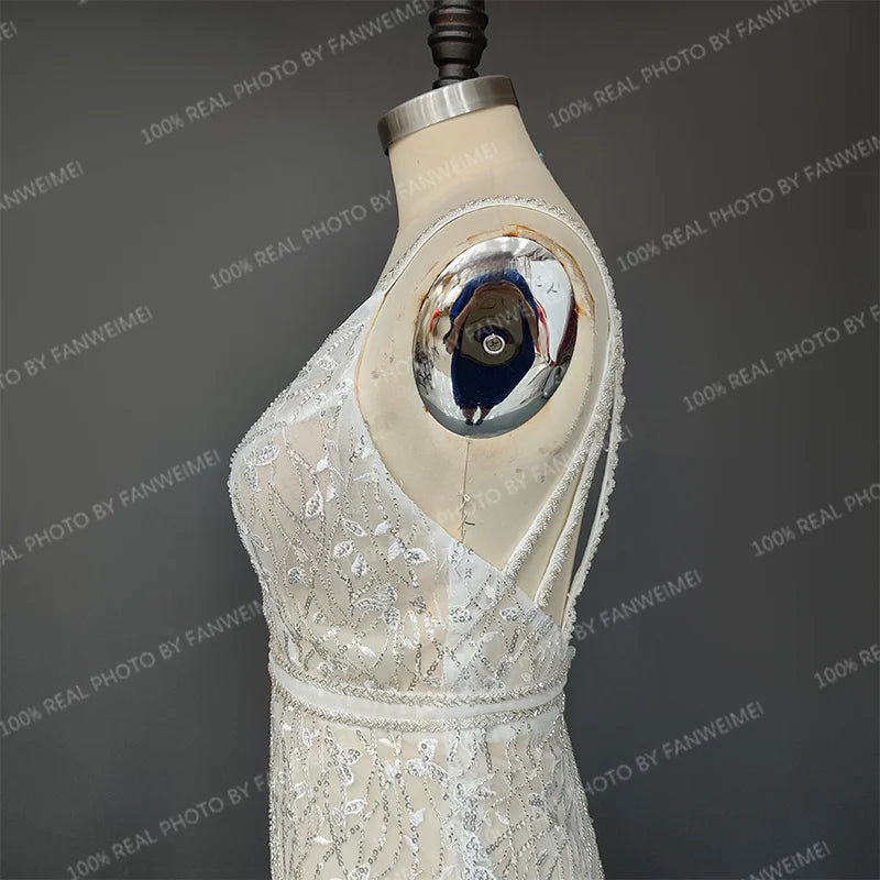 Real Photos Sexy Spaghetti Straps Deep V Neck Beading  Sequined Lace Wedding Dress Backless Mermaid Bridal Gown for Women