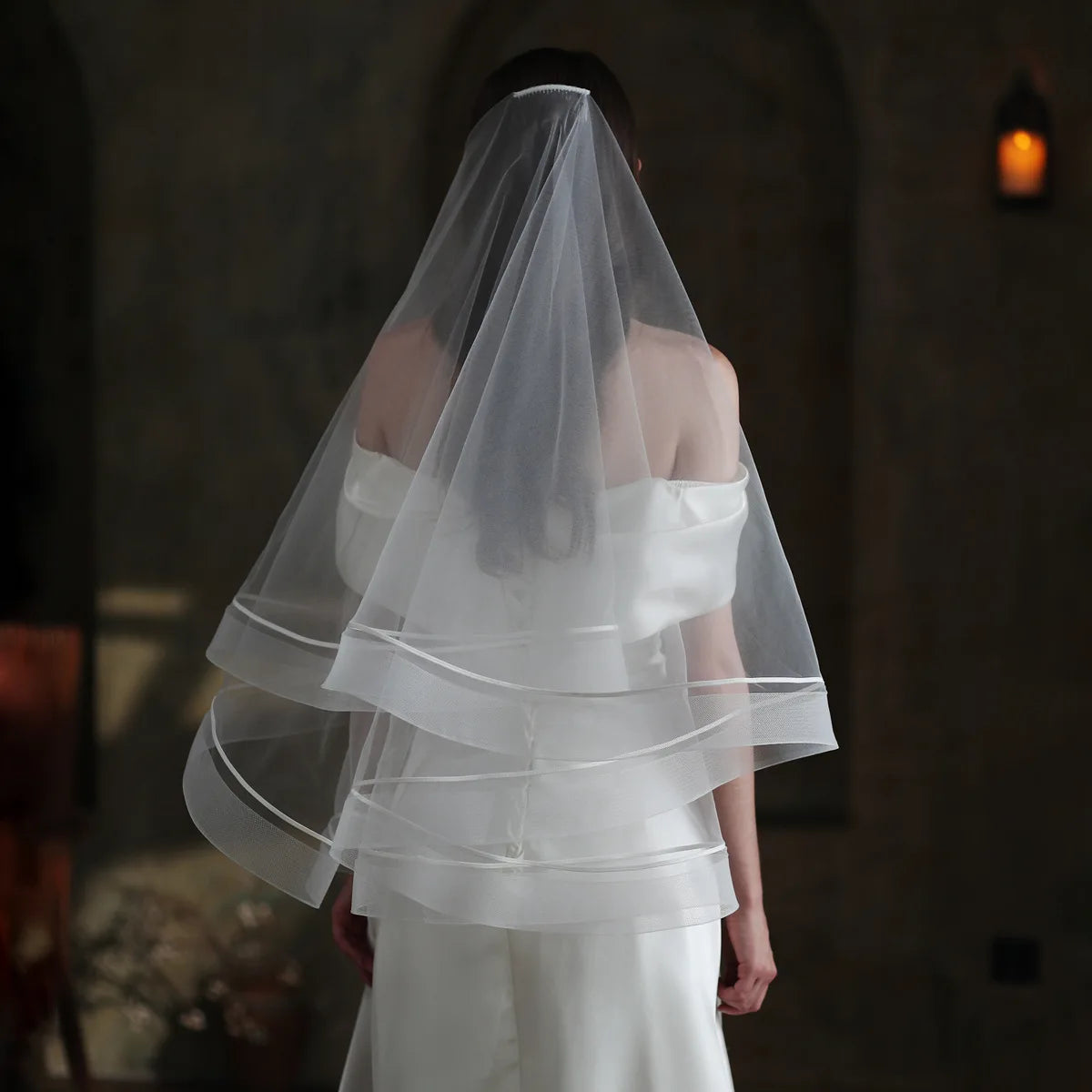 Hot Sell Latest Two Layers Ribbon Edge Tulle Wedding Bridal Veil for Women Lace Wedding Veil
