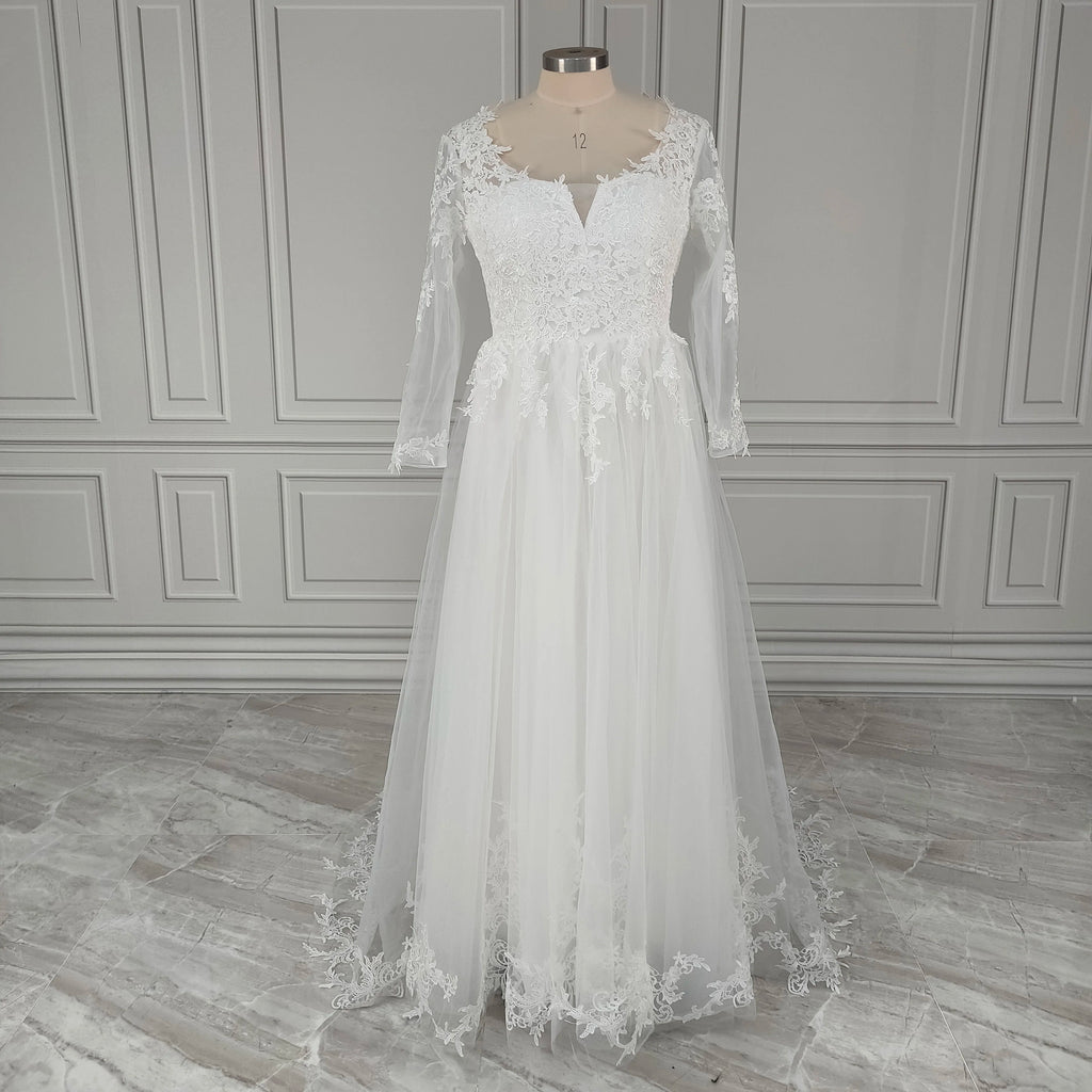 100% Real Photos Boho Boat Neck Long Sleeves Appliques Lace A-line Sweep Train Wedding Dress Illusion Back Bride Gown for Women