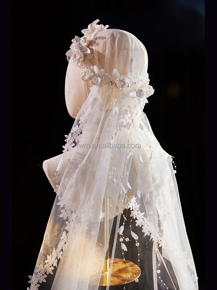 High Quality Elegant Ivory White Pearl 3D Flower Bridal Veil for Wedding Dress Long Headdress Custom Made #V114
