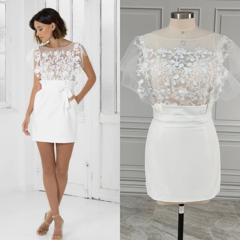 15464# Real Photos Simple Beach Short Sheath Low Back Appliques Lace Mini Wedding Dress Bridal Gown Prom Dress for Women
