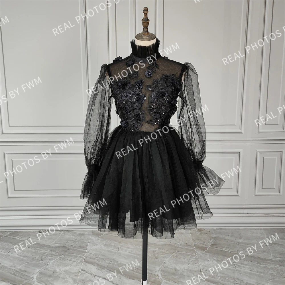 10707# Real Photos High Neck Sexy Long Sleeve A-Line Mini Tulle Boho Open Back Lace Applique Wedding Dress Wedding Bridal Gown