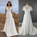 11559# Real Photos Short Lace Sleeves Soft Chiffon Beach Wedding Dress V-neck Pleat Sweep Train Bohemia Bridal Gown