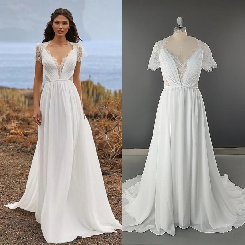 11559# Real Photos Short Lace Sleeves Soft Chiffon Beach Wedding Dress V-neck Pleat Sweep Train Bohemia Bridal Gown