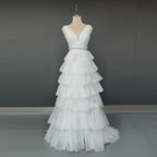 100% Real Photos Elegant V-Neck Sleeveless Tiered Tulle Ball Gown for Wedding Backless Ruffles A-line Wedding Dress for Women