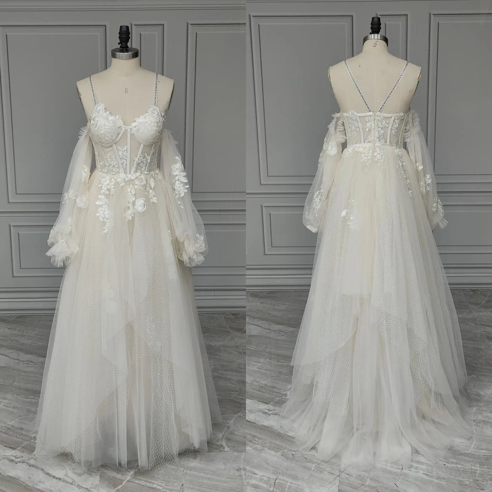 14257# Real Photos Custom Spaghetti Straps Flowers Lace A-line Prom Dress Formal Evening Dress Wedding Gown Bridal Dress