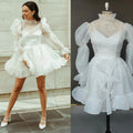 8292# New Real Photo Puff Sleeves Ruffle Organza Neck Chiffon Beach Illusion Lace Above Knee Length Wedding Dress Mini Ball Gown
