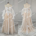 #2220 Real Photos Boho Detachable Puffy Sleeves Appliques Lace Strapless Wedding Dress for Women Pleated Tulle  Bridal Gown