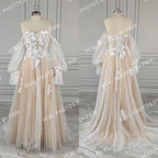 #2220 Real Photos Boho Detachable Puffy Sleeves Appliques Lace Strapless Wedding Dress for Women Pleated Tulle  Bridal Gown