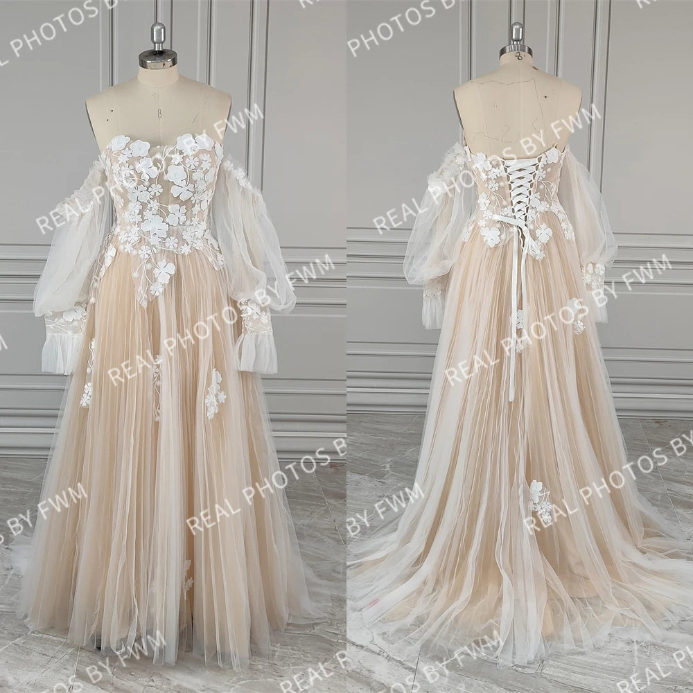 #2220 Real Photos Boho Detachable Puffy Sleeves Appliques Lace Strapless Wedding Dress for Women Pleated Tulle  Bridal Gown