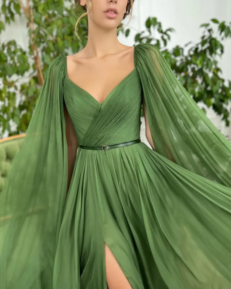 15171# Real Photos Green V-neck Ruched Belt Split Front Lace A-line Prom Evening Dress Wedding Party Dress for Plus Size Women