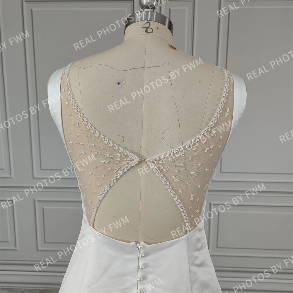 13495# Real Photos Sleeveless Boat Neck Backless A-line Wedding Dress Sweep Train Satin Beading Bride Gown for Women