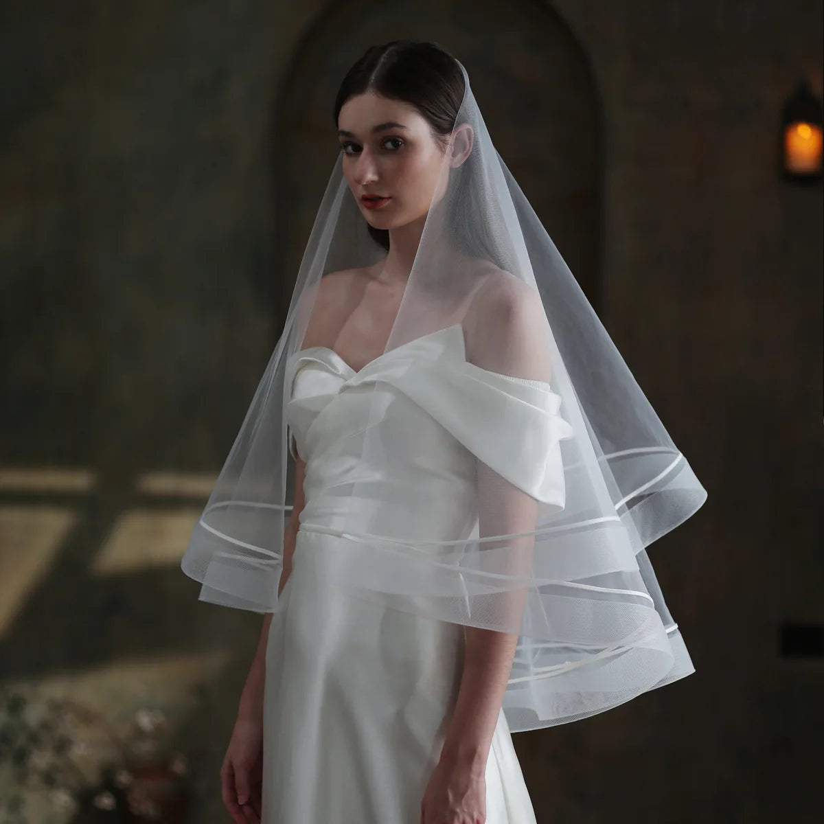 Hot Sell Latest Two Layers Ribbon Edge Tulle Wedding Bridal Veil for Women Lace Wedding Veil