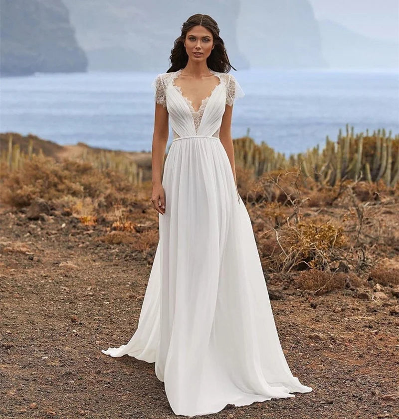 11559# Real Photos Short Lace Sleeves Soft Chiffon Beach Wedding Dress V-neck Pleat Sweep Train Bohemia Bridal Gown