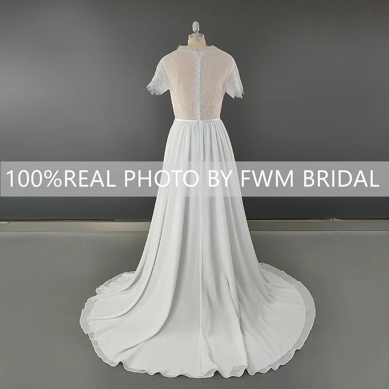 11559# Real Photos Short Lace Sleeves Soft Chiffon Beach Wedding Dress V-neck Pleat Sweep Train Bohemia Bridal Gown