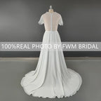 11559# Real Photos Short Lace Sleeves Soft Chiffon Beach Wedding Dress V-neck Pleat Sweep Train Bohemia Bridal Gown