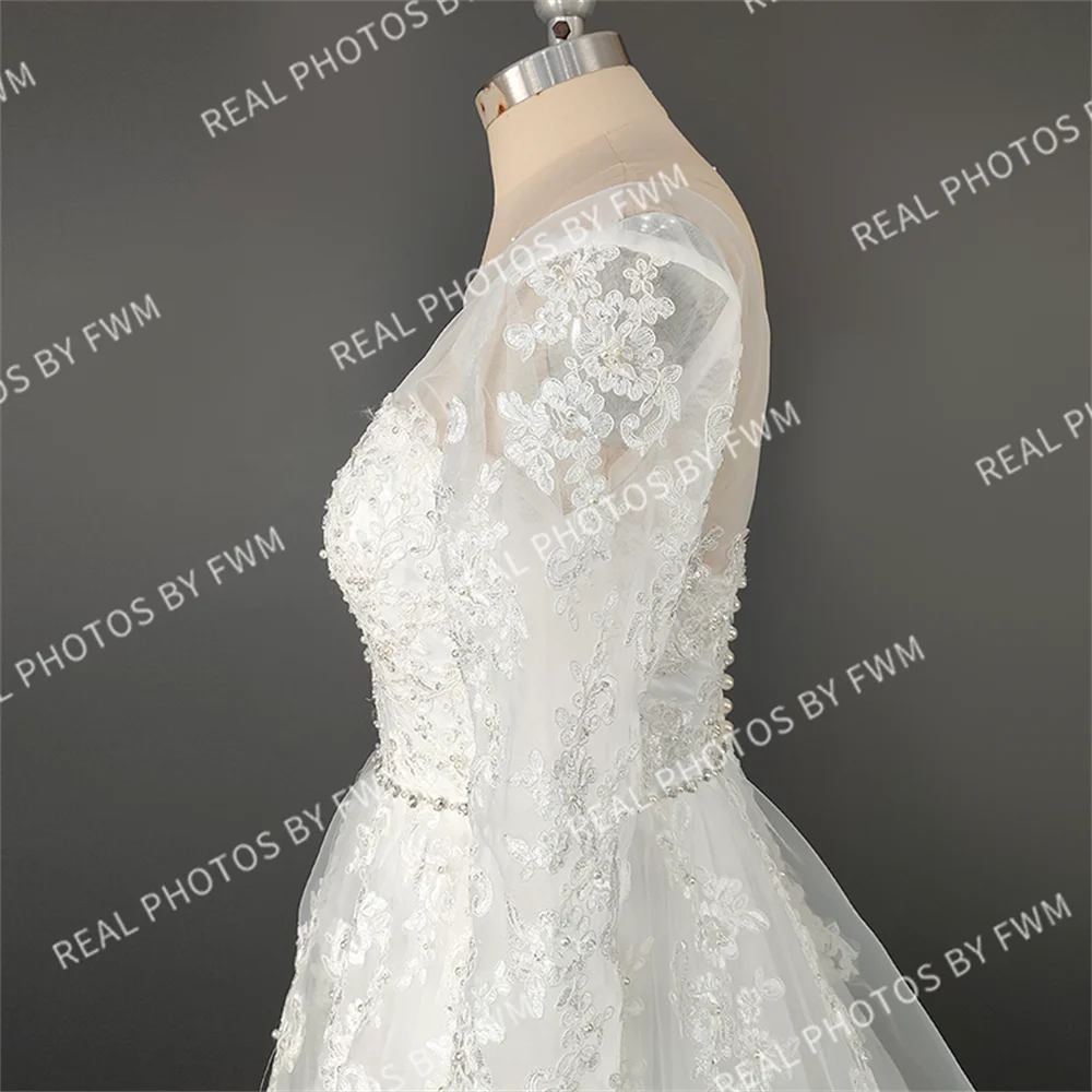 Real Photos Exuquisite Long Sleeve  Sweep Train A-line Appliques Lace Wedding Dress With Sequined Bridal Gown for Wedding Dress