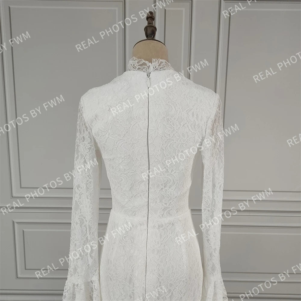 11449# Real Photos High Quality Boho Long Flare Sleeves Front Slit Mermaid Lace Wedding Dress for Women Bride Gown