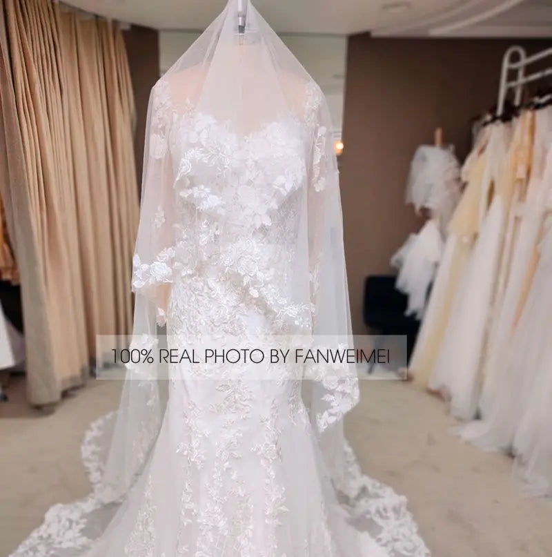 Pretty 3.5 Meter Length One Layer  Veil Lace Bridal Wedding Veil Real Photos  Lace Bridal Veil